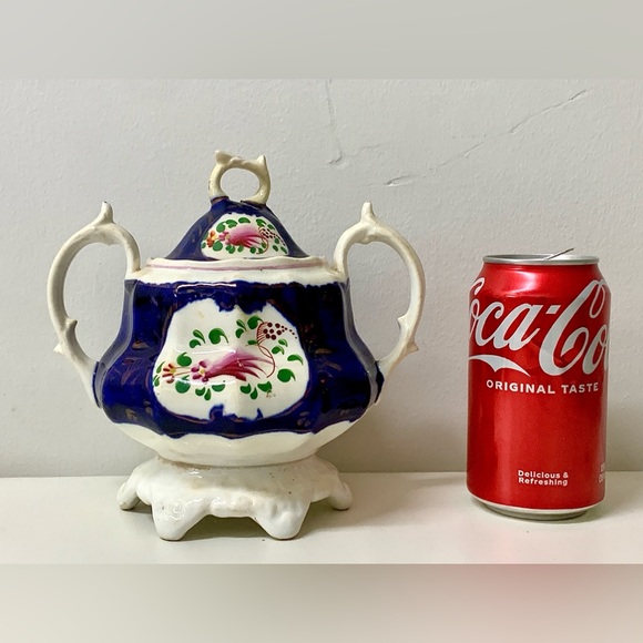 19th Century Vintage Gaudy Welsh Feather Pattern Handled Lidded Sugar Bowl - Picture 3 of 16